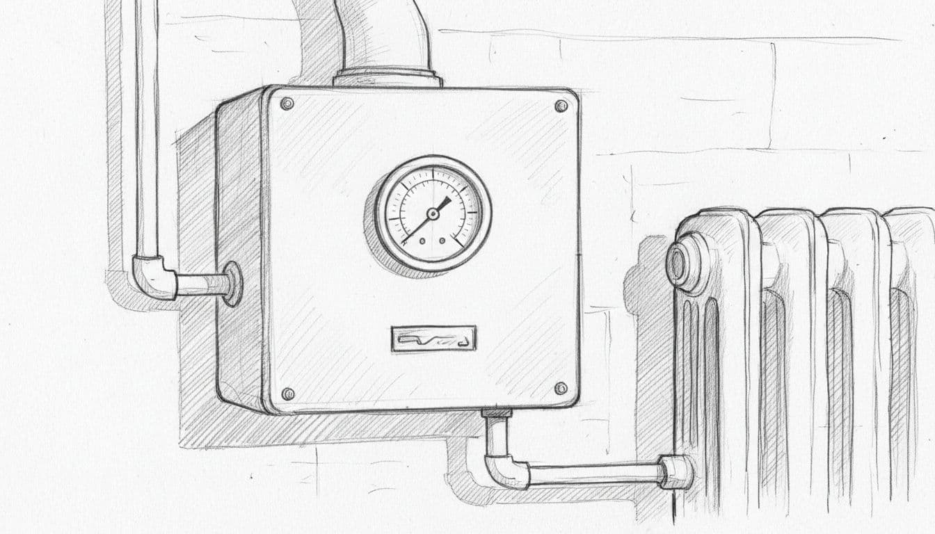 A graphite sketch of a basement boiler gauge indicating low heating pressure with connected iron piping.