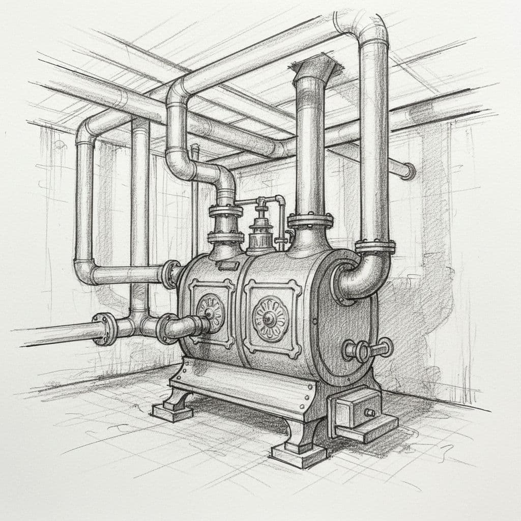 A graphite sketch of a basement gravity heating system with a cast-iron boiler and large diameter pipes.