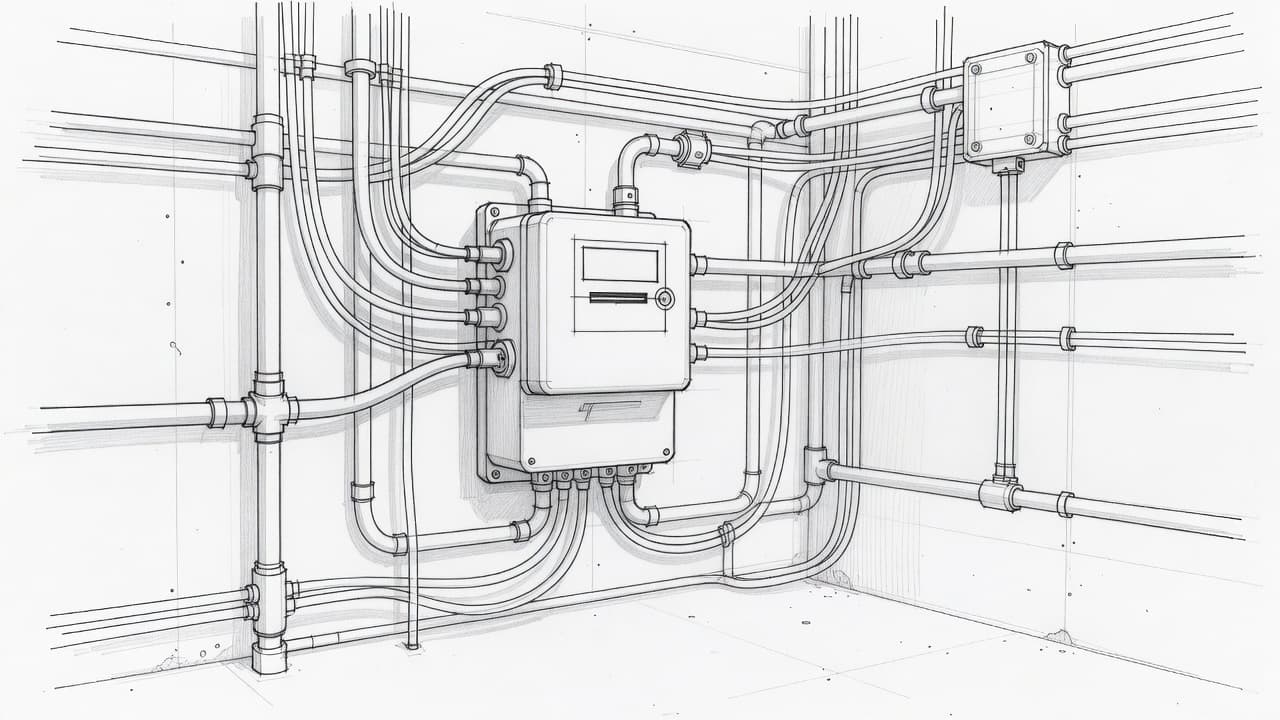 A graphite sketch showing a detailed electricity meter mounted on a basement wall with thick electrical conduits running into the unit. Fine hatching creates subtle shadows against a clean paper background.