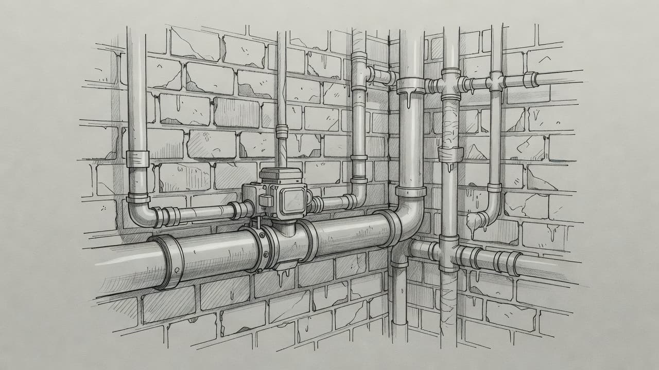 A detailed graphite sketch displays a basement wall with exposed brickwork. A copper hot water pipe runs horizontally along the masonry, featuring a mechanical circulation pump mounted securely into the assembly.