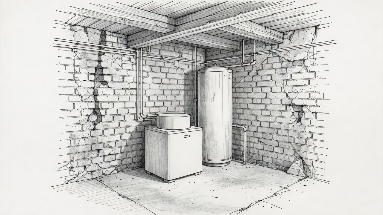 A detailed graphite pencil sketch on textured paper shows a compact heat pump unit positioned beside a large water cylinder. The illustration captures the technical layout within a vintage residential basement.