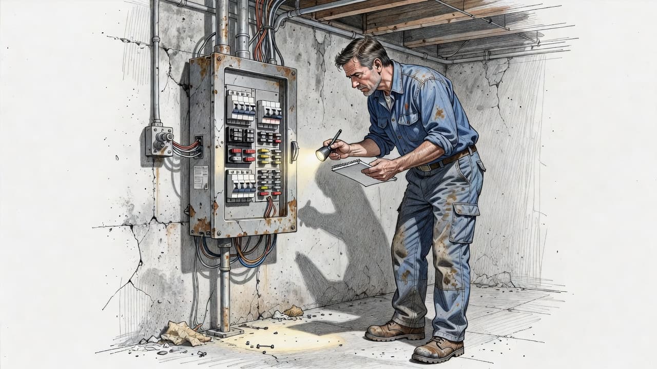 A graphite sketch showing an electrician examining a wall-mounted fuse box in a dimly lit basement. The detailed linework highlights wires and circuit breakers essential for a heat pump installation.