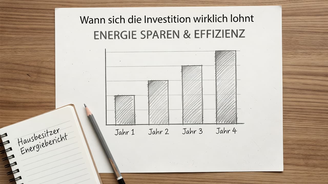 Eine detaillierte Graphitzeichnung zeigt ein Balkendiagramm über Energieeinsparungen auf einem Schreibtisch. Neben dem Notizbuch und einem Kugelschreiber verdeutlicht die feine Schattierung die geplante Rendite für eine energetische Gebäudesanierung.