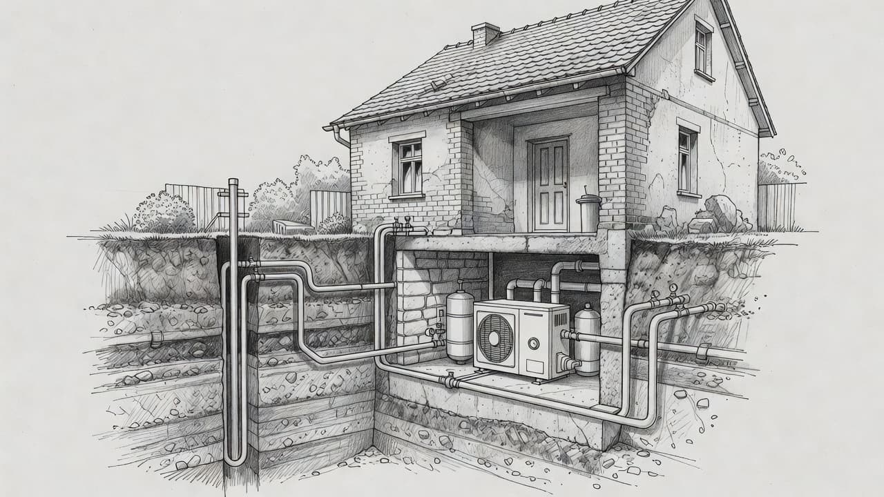 A graphite sketch on gray paper illustrates an old house with a vertical geothermal probe buried in the yard, connected by pipes to the mechanical heating equipment located in the basement.