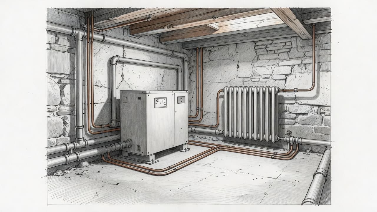 A detailed graphite drawing depicts a modern high-temperature heat pump installed in a vintage cellar. Intricate pipework and an antique radiator surround the machine against a clean white paper background.