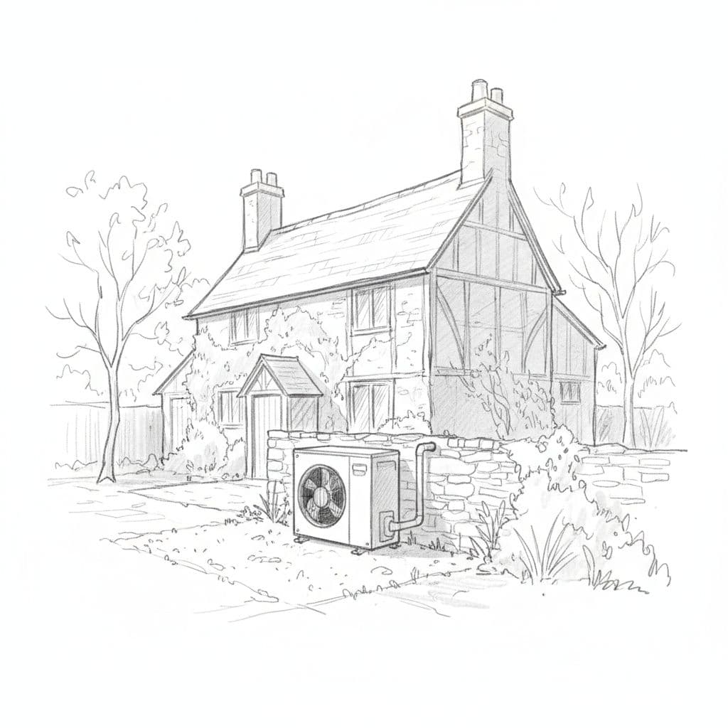 A graphite drawing illustrates a heat pump unit installed in the garden of a vintage home. Delicate pencil lines provide subtle shading against a clean, stark white paper background.