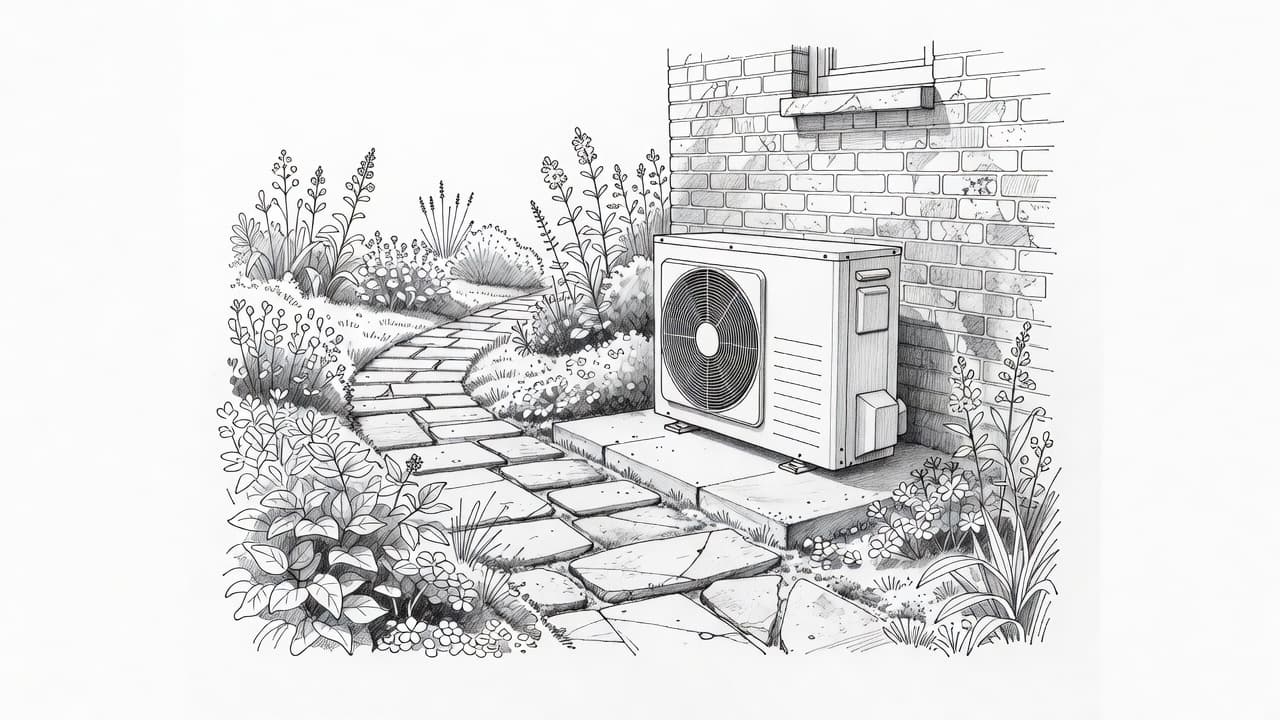 A detailed graphite drawing illustrates an air-source heat pump positioned against a textured brick wall. Lush garden foliage and a winding stone path frame the unit in this minimalist exterior scene.
