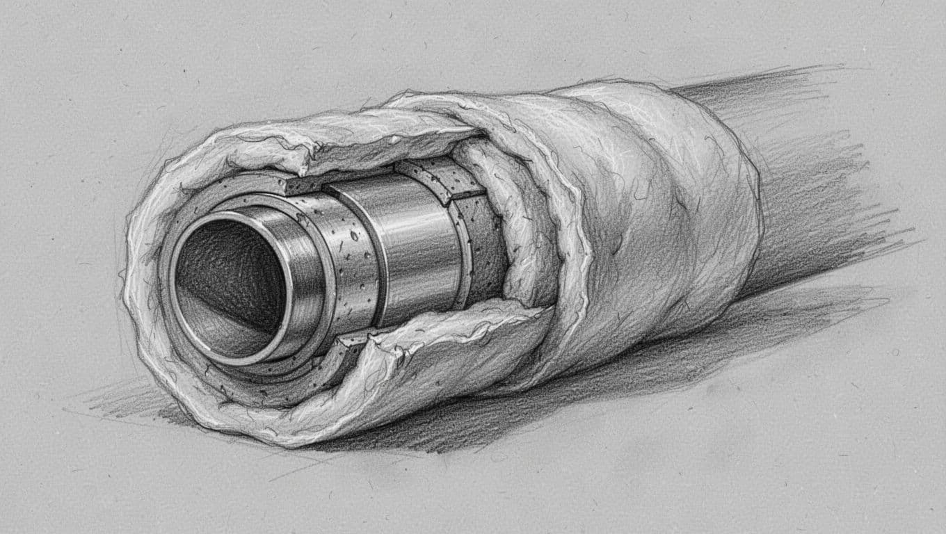 A detailed cross-section illustration rendered in graphite on light gray paper shows the layered structure of an industrial metal pipe protected by thick, soft insulation padding with intricate cross-hatching shading.