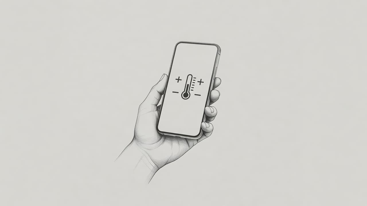 Eine grafische Bleistiftzeichnung zeigt eine Hand, die ein Smartphone hält. Auf dem Display ist ein minimalistisches Interface zur Regulierung der Raumtemperatur mit einem klaren Thermometer-Symbol auf grauem Papier zu sehen.