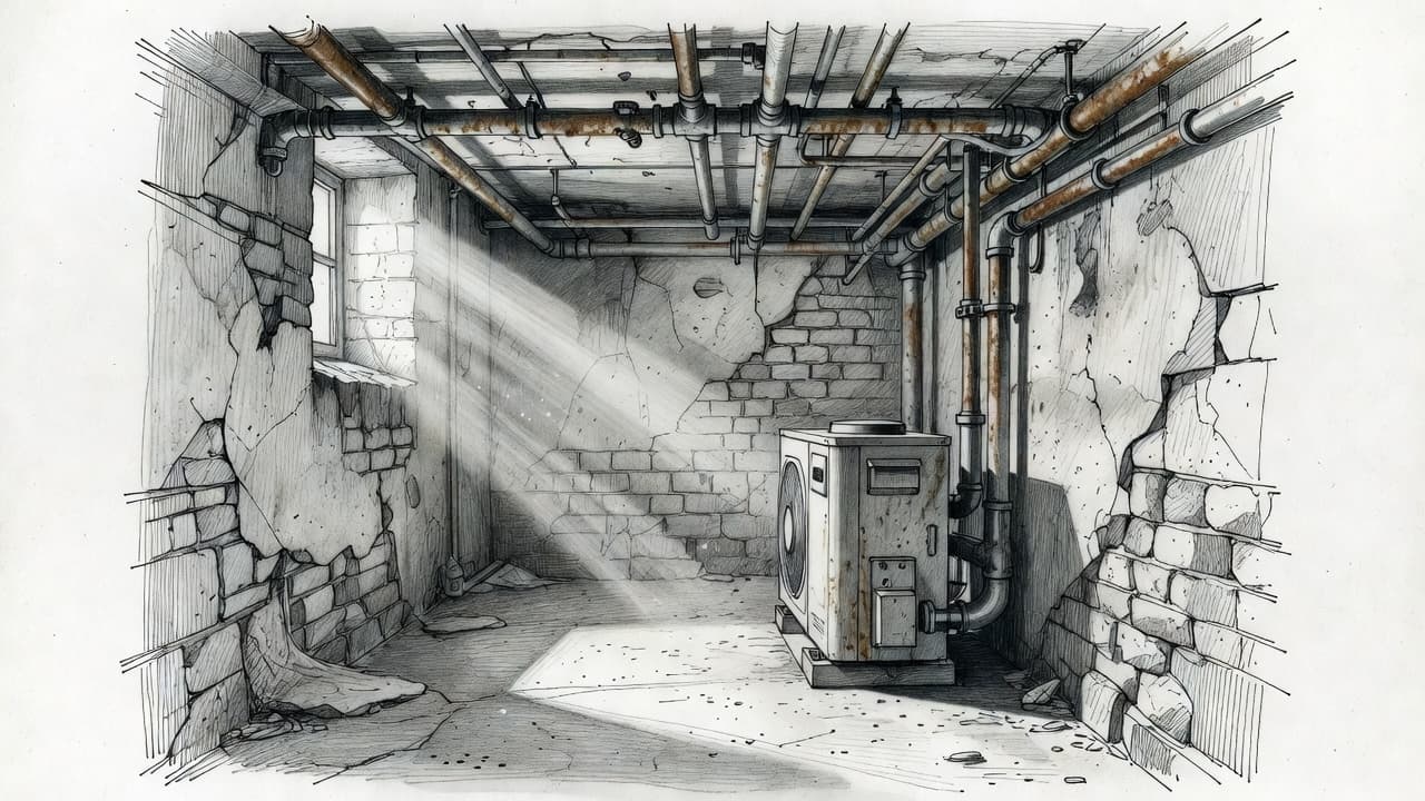 A detailed charcoal drawing depicts an industrial heat pump resting on a cellar floor. Overhead, a complex network of plumbing pipes spans the ceiling while harsh light enters via a window.