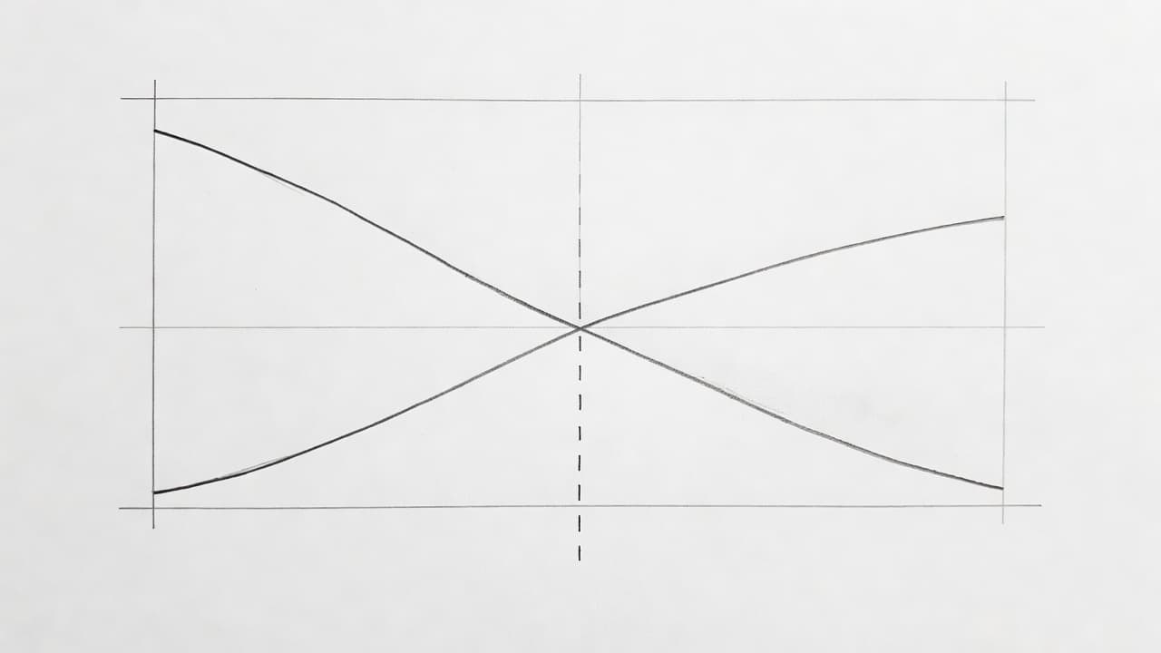 A graphite sketch on light paper illustrates two crossing curves. One line descends representing heat output, while the other rises to show building demand, meeting at a vertical dashed guideline.