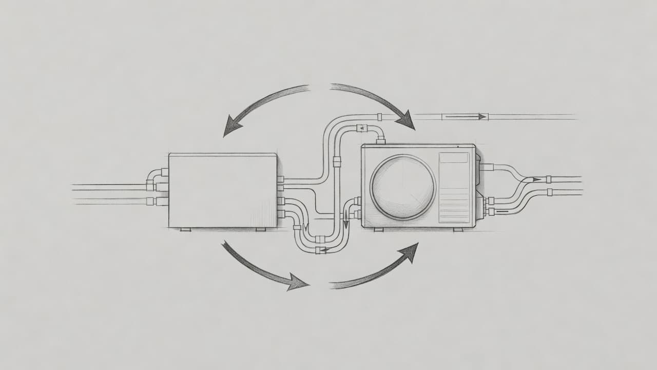 A minimalist graphite sketch on textured gray paper displays the technical flow of a heat pump during defrost mode. Arrows indicate the reversal of coolant circulation between indoor and outdoor components.