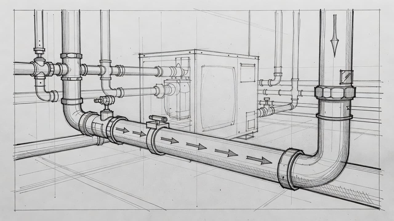 Graphite pencil lines on light gray paper detail a complex pipe system. A central flow meter prominently displays water movement, while a heat pump unit fades into the background design.