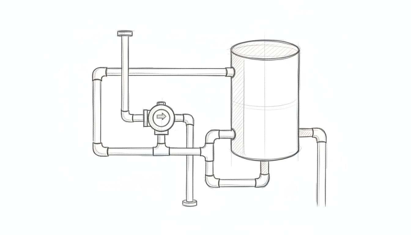 A graphite sketch on a white background displays complex industrial pipes connecting to a circulation pump and a cylindrical buffer tank. The clean lines illustrate a professional mechanical engineering layout concept.