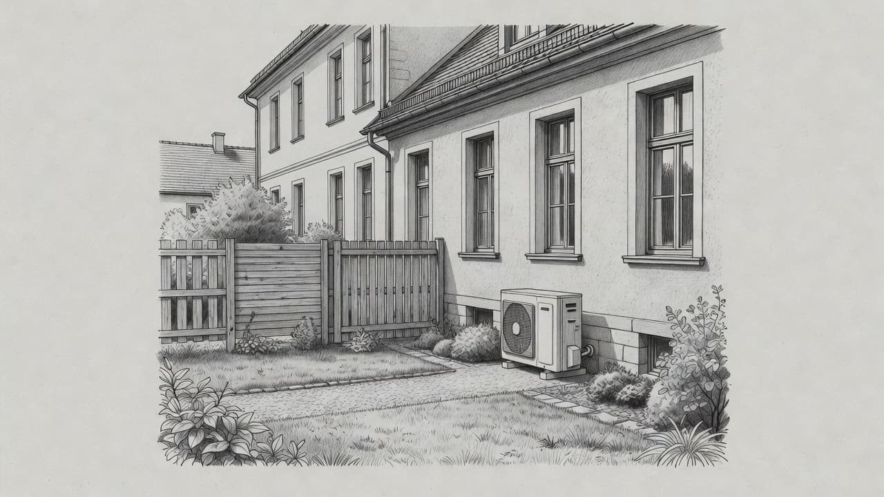 A graphite drawing illustrates a heat pump positioned on a stone pad within a garden. The unit sits at an ideal distance from the historic masonry wall and the wooden property fence.