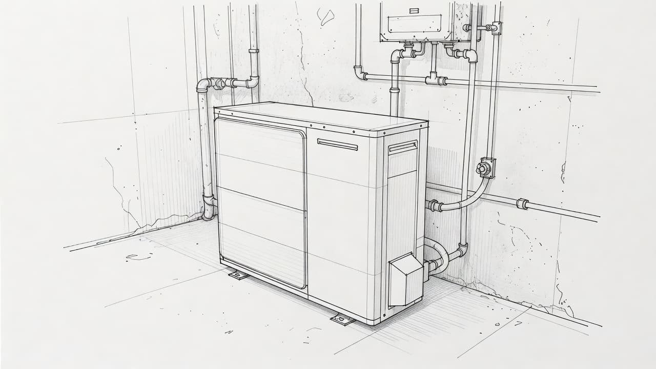 A graphite line drawing depicts a modern heat pump unit positioned inside an aged stone basement. The sketch includes subtle details of surrounding plumbing, valves, and mechanical wall installations.