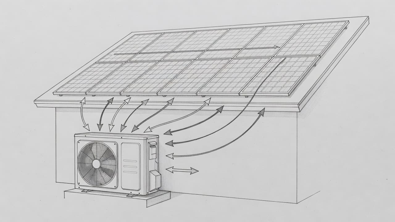A graphite drawing on light gray paper depicts a residential rooftop solar array connected to an exterior heat pump unit. Simple lines illustrate the energy flow between the two modern systems.