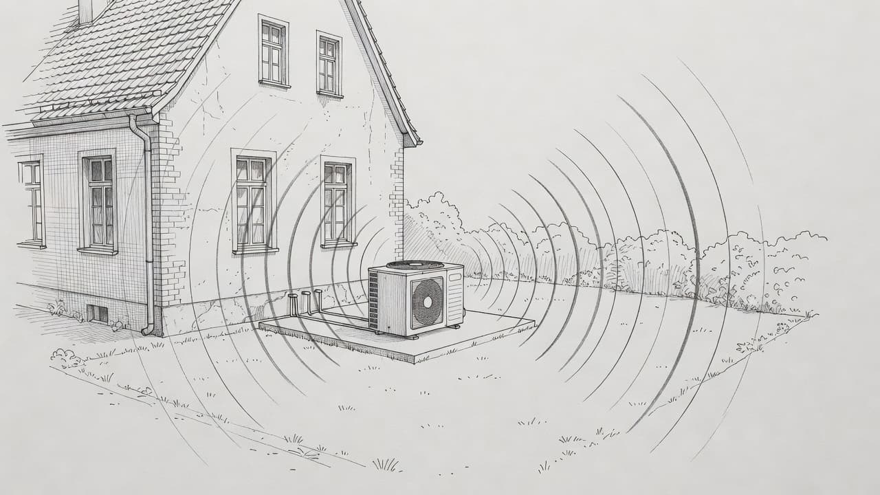 A graphite drawing on grey paper depicts an air-source heat pump placed near an old stone house. Faint circular lines emanate from the unit to illustrate the propagation of sound waves.