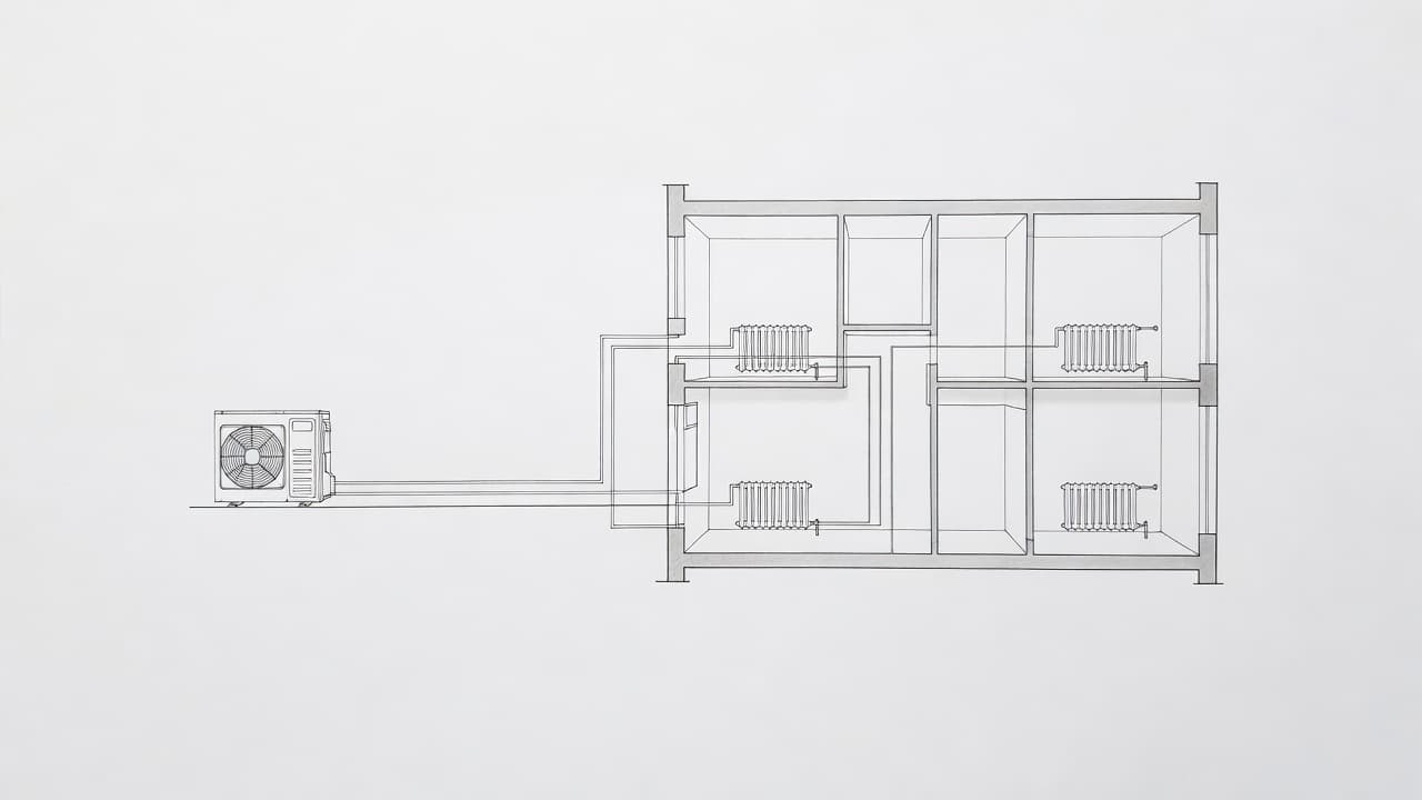 A graphite sketch on clean paper depicts a residential house layout connected to an external heat pump unit. Thin lines illustrate the flow toward interior radiators through a minimalist design approach.