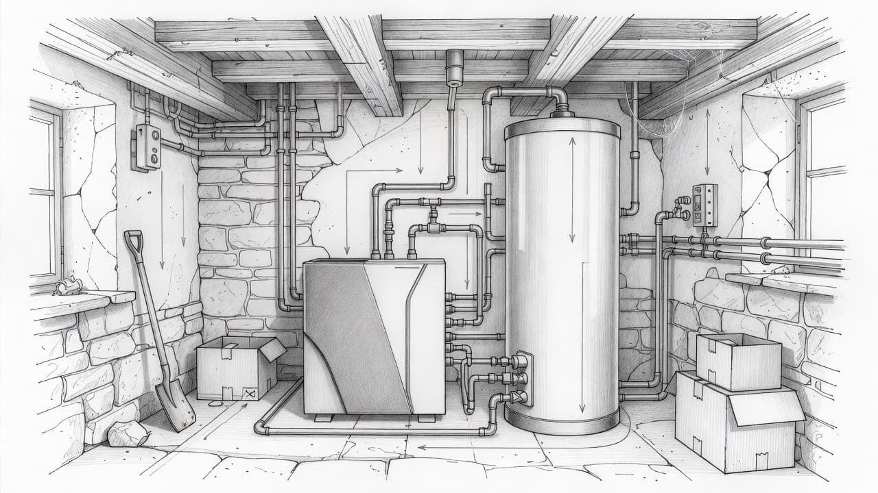 A detailed graphite drawing depicts a modern heat pump connected to a large vertical water cylinder. These industrial appliances sit within a classic basement room with visible pipes and vintage masonry.