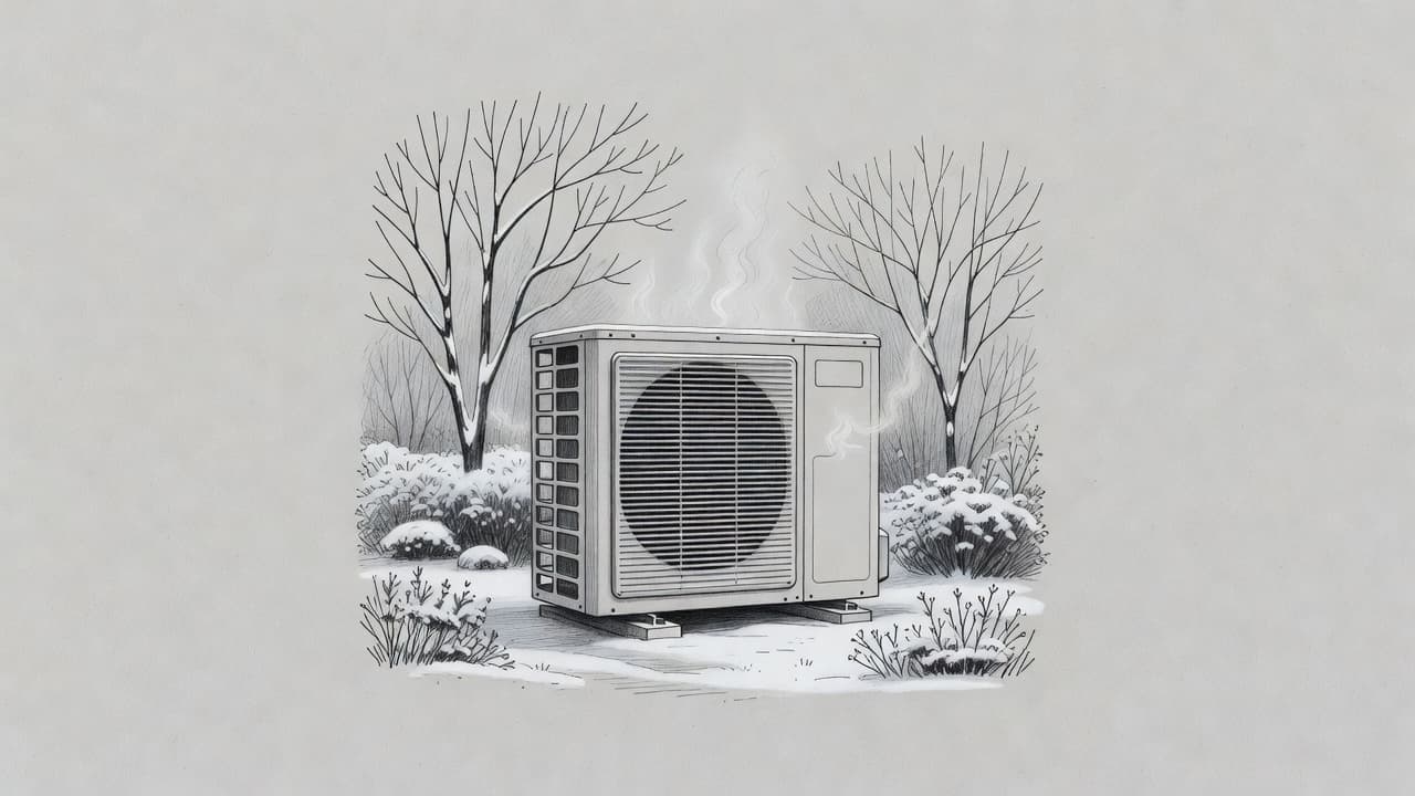 A graphite sketch on gray paper depicts an outdoor heat pump unit during winter. Delicate lines illustrate steam rising from the metal housing amidst a quiet, snow-dusted garden background.