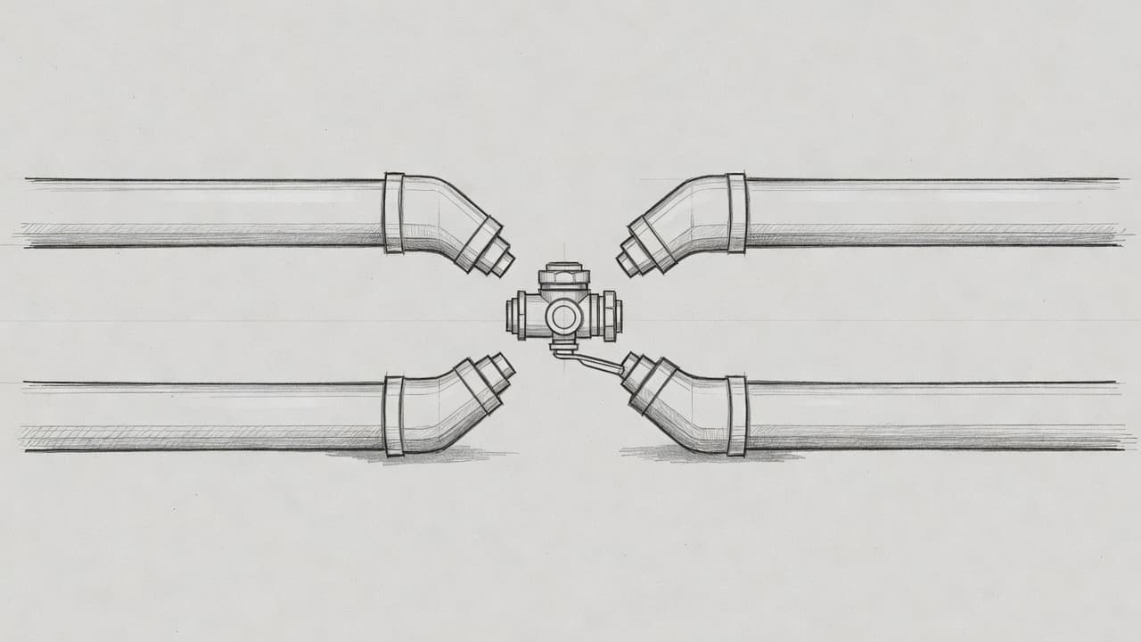 A graphite pencil sketch displays a heating system section with horizontal supply and return pipes. A small bypass valve is positioned vertically between them, rendered with delicate shading on gray paper.