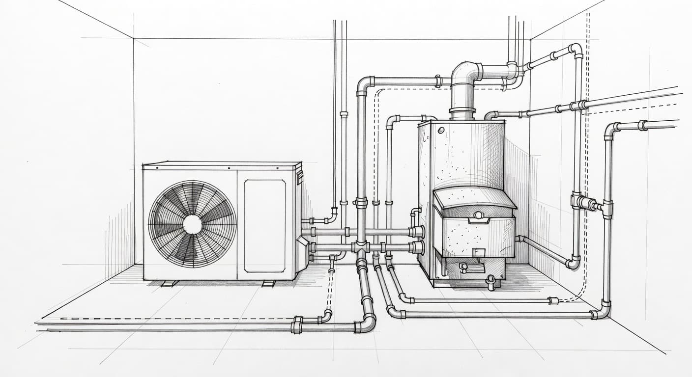 A graphite sketch depicts a modern heat pump positioned next to a traditional gas boiler inside a utility basement. Intricate piping connects both units into an integrated, functional heating configuration.