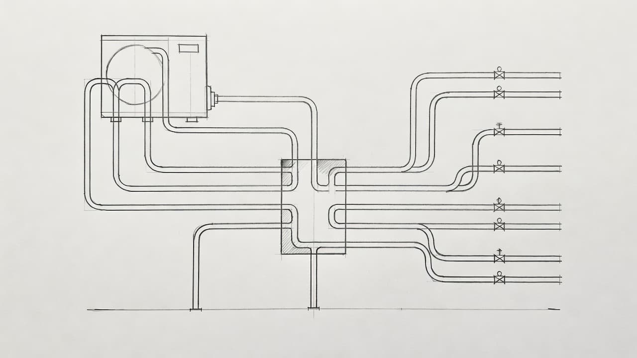 Diese Bleistiftzeichnung auf hellem Papier zeigt ein technisches Schema einer Wärmepumpe. Dargestellt sind die Rohrleitungen und die hydraulische Trennung mit einer Weiche in klaren, feinen Linien ohne jegliche Beschriftung oder Farbe.