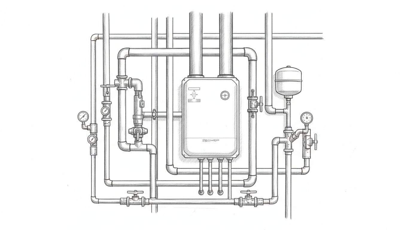 A detailed graphite illustration depicts an industrial heat pump unit surrounded by an intricate network of copper piping and valves. The clean lines highlight the plumbing layout within a residential basement.