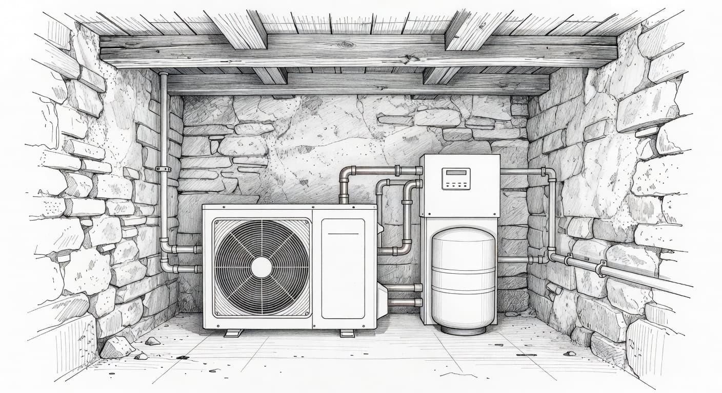 A detailed graphite sketch displays a contemporary heat pump unit positioned within an old stone cellar. The technical components appear clear and precise against a stark, clean white background.