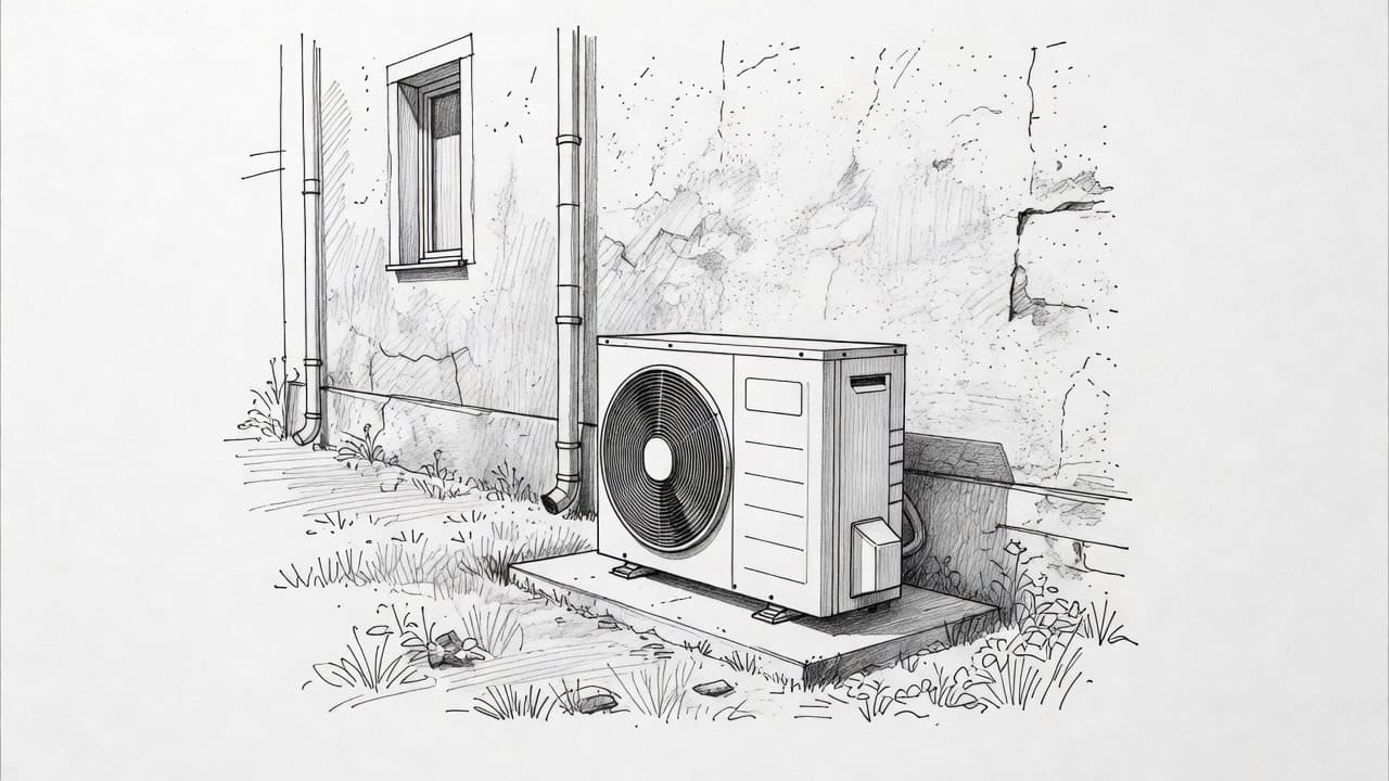 A graphite pencil sketch displays a modern heat pump unit positioned on a gravel path against the weathered stone wall of an old house. Soft shading defines the metallic equipment details.