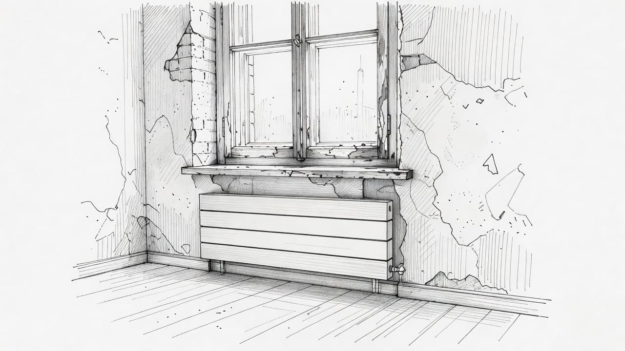 Eine detaillierte Bleistiftzeichnung zeigt einen flachen Niedertemperaturheizkörper, der unter einem hohen Altbaufenster in einem rohen, renovierungsbedürftigen Raum montiert ist. Feine Graphitstriche betonen die sauberen Strukturen der Heizung und den Lichteinfall.