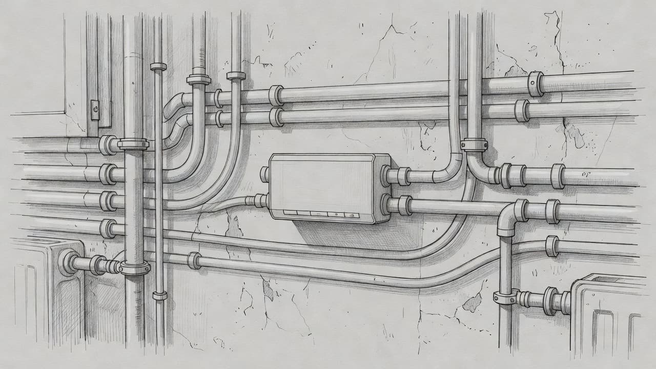Eine detaillierte Graphitzeichnung zeigt einen modernen Heizungsregler an einer groben Wand. Neben dem Gerät sind freiliegende Leitungen auf dem texturierten grauen Papier sichtbar, wobei sanfte Schattierungen für eine plastische Wirkung sorgen.