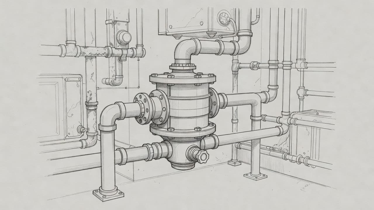 A detailed graphite pencil sketch depicts a sludge separator integrated into an industrial heating pipe system. Faint background pipes emphasize the technical component against the textured light grey paper backdrop.