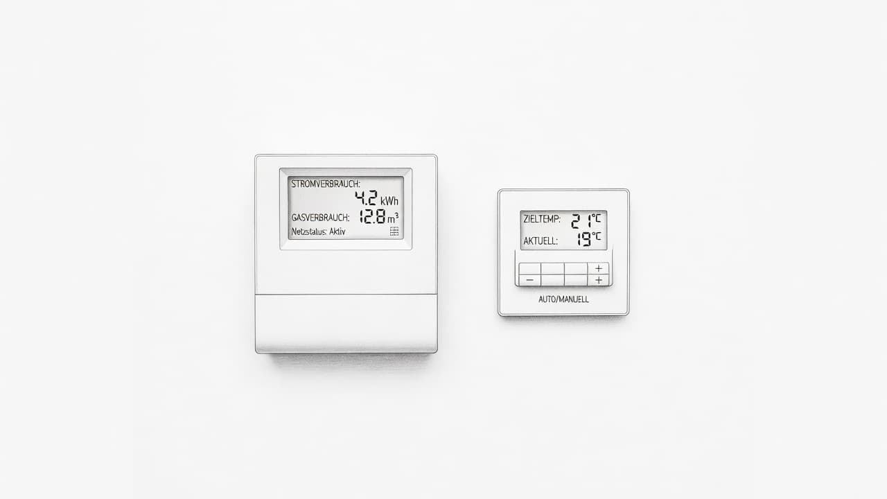 Eine detaillierte Graphitskizze auf weißem Papier zeigt ein digitales Smart-Meter-Display neben einem wandmontierten Heizungsregler. Die minimalistischen Linien visualisieren technische Schnittstellen für die intuitive Bedienung durch Hausbesitzer bei der Modernisierung.