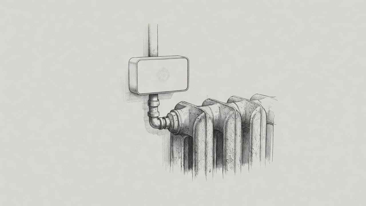 Eine detaillierte Bleistiftzeichnung auf grauem Papier zeigt ein modernes, intelligentes Thermostat, das an einem klassischen Gussheizkörper montiert ist. Die saubere Strichführung betont den technischen Kontrast zwischen neuer Steuerungstechnik und historischer Bausubstanz.