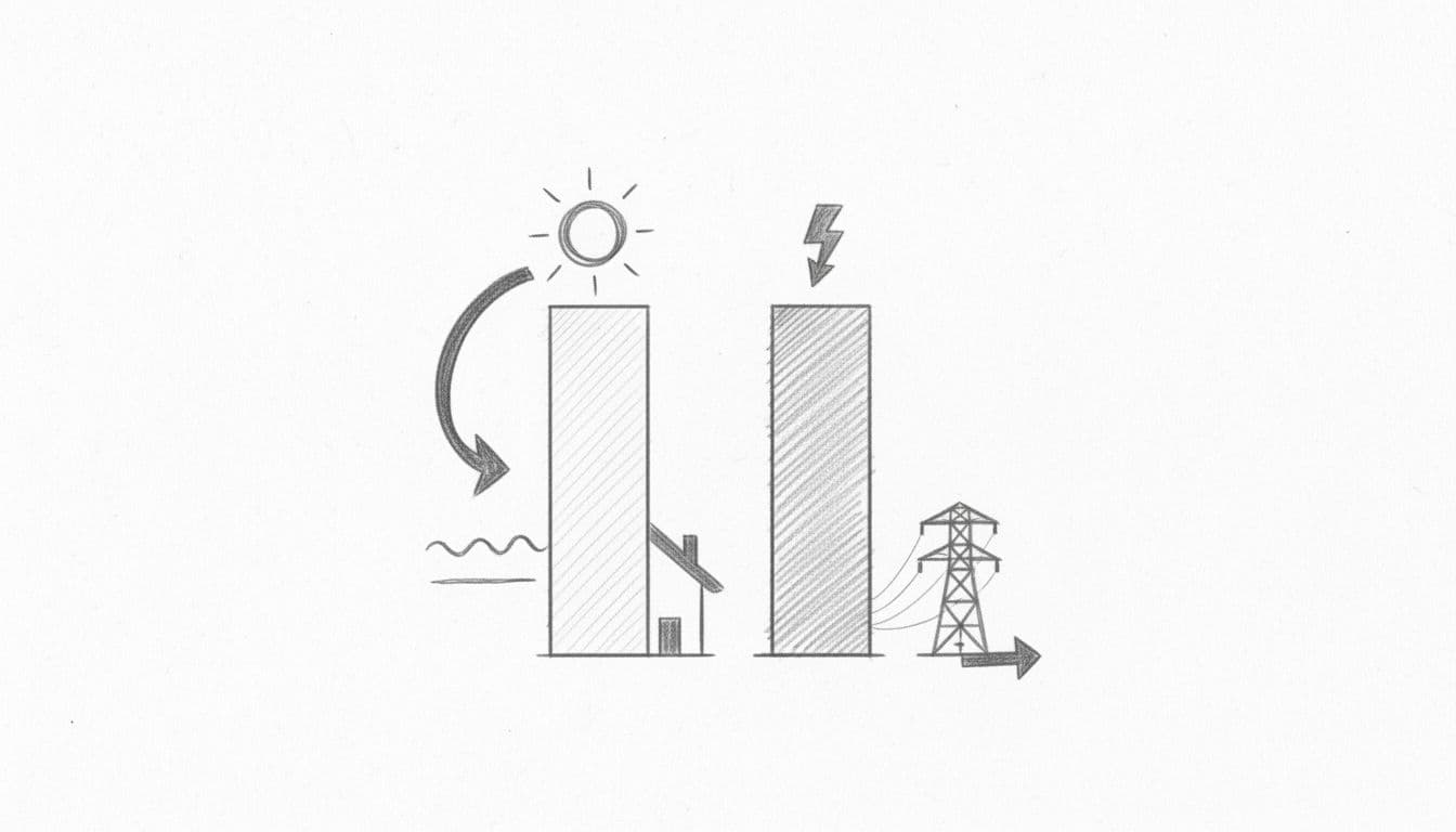 A minimalist graphite sketch illustrates a bar chart on white paper. Symbols for a sun and an electrical plug represent the balance between solar generation and conventional grid electricity consumption.