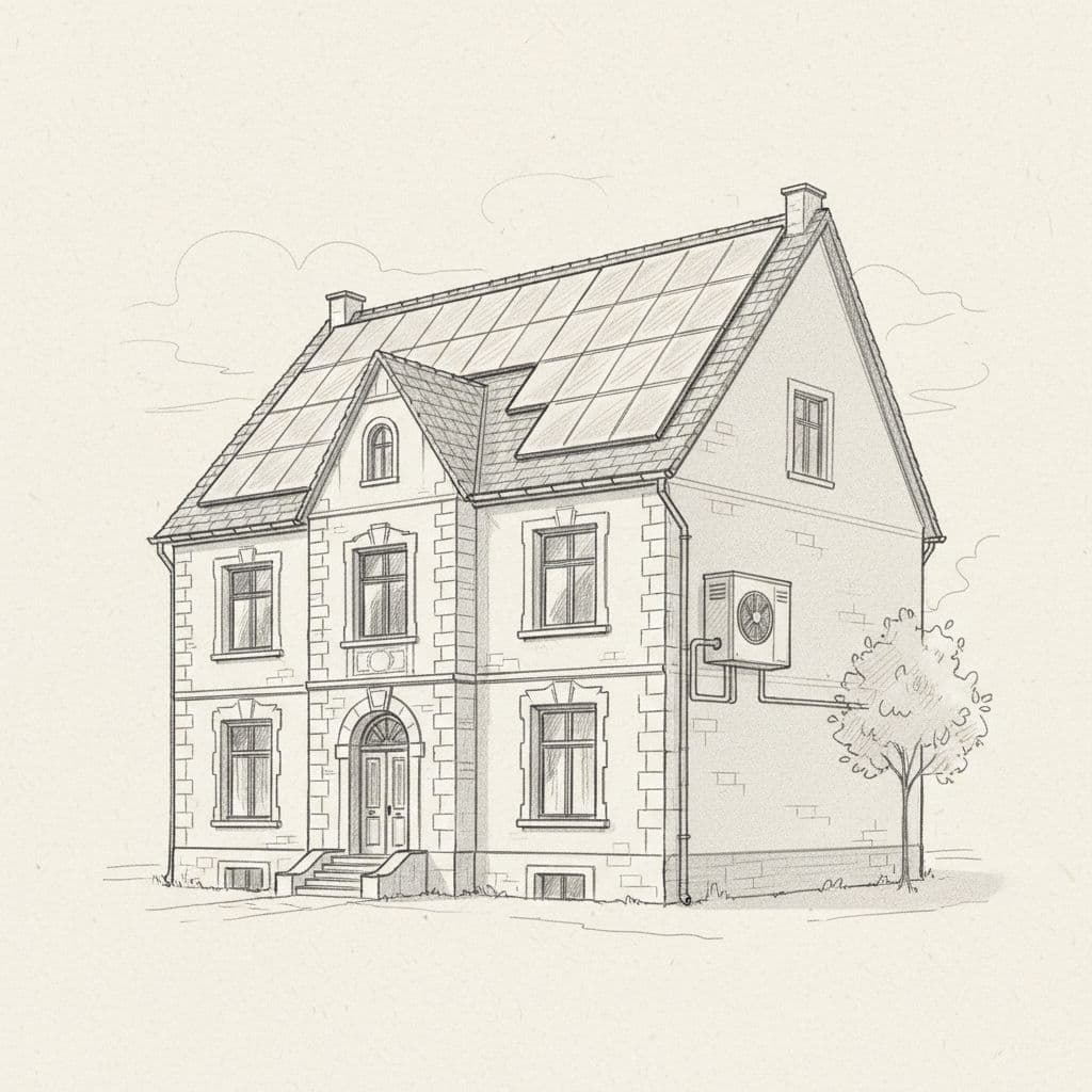 A detailed pencil drawing depicts an older house featuring solar panels mounted on the roof and a heat pump unit installed near the foundation. The sketch uses clean shading and defined lines.