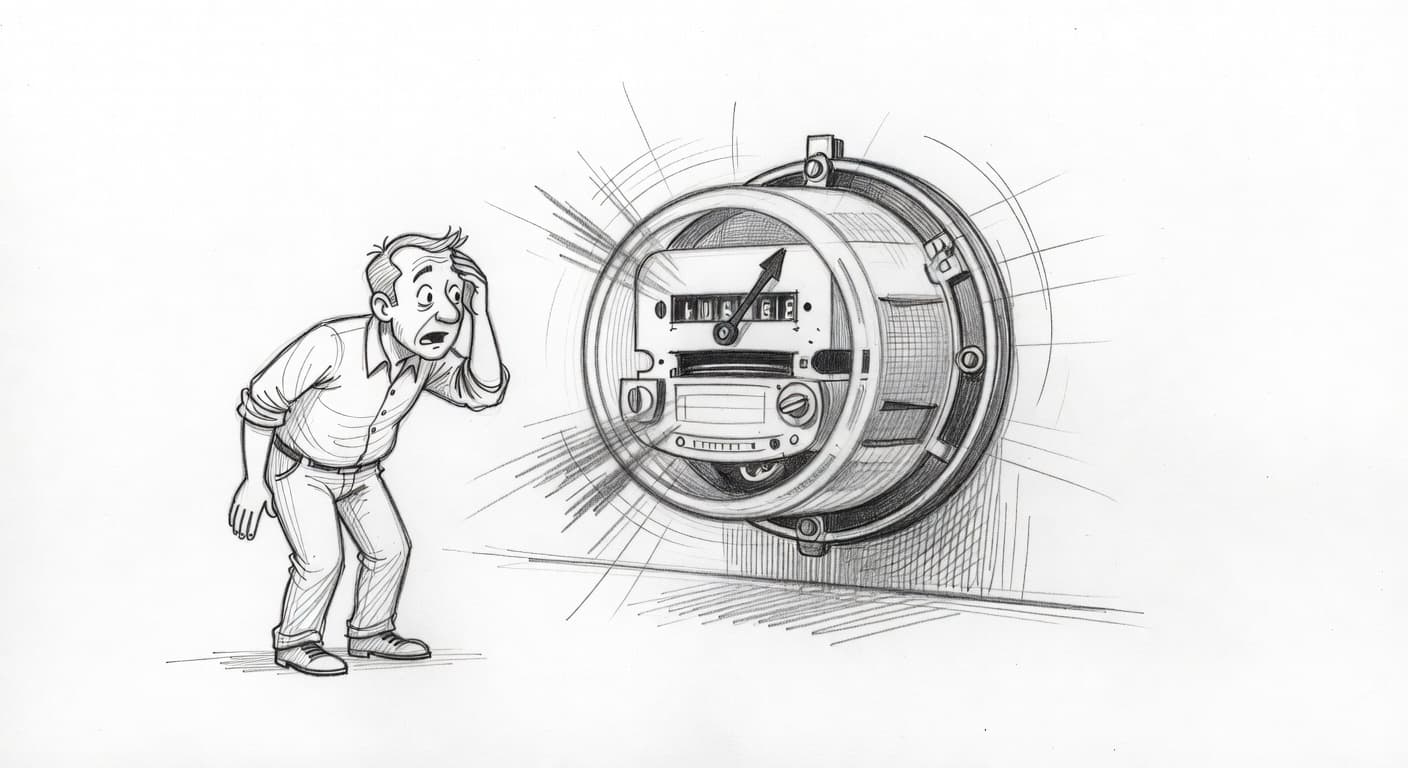 A detailed pencil sketch depicts a homeowner closely examining a spinning electricity meter. The drawing features bold strokes on a white paper background, focusing primarily on the rapid rotation of the dial.