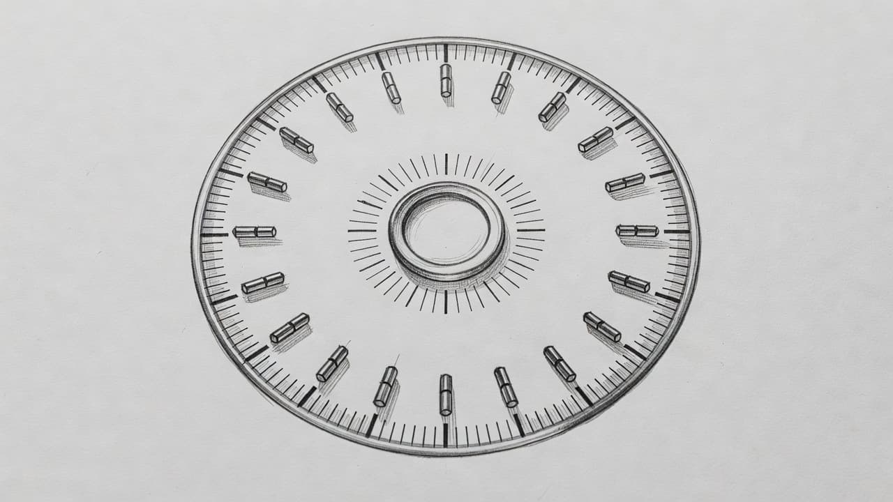 A detailed graphite drawing on light gray paper shows a circular dial with intricate mechanical pins arranged in segments. The sketch captures the tactile texture of a vintage timing device.