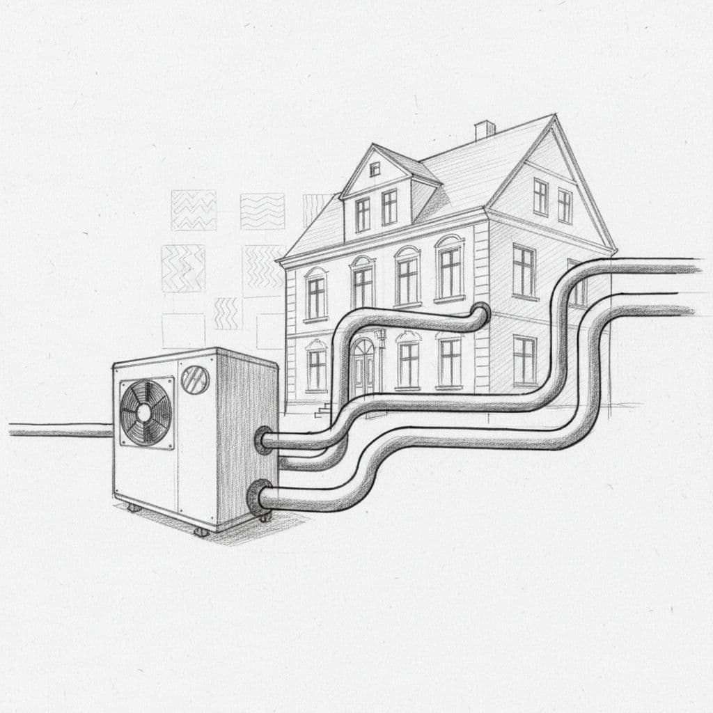A detailed graphite sketch on light gray paper depicts a heat pump connected to a historic German house. Intricate lines show pipes entering the structure with faint insulation symbols on walls.