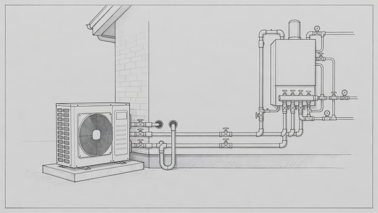 Eine detaillierte Graphitzeichnung zeigt die Außenanlage einer Wärmepumpe mit den dazugehörigen Rohrleitungen. Das klare Strichbild auf grauem Papier verdeutlicht die technische Verbindung zwischen dem Gerät und dem zentralen häuslichen Heizungssystem.