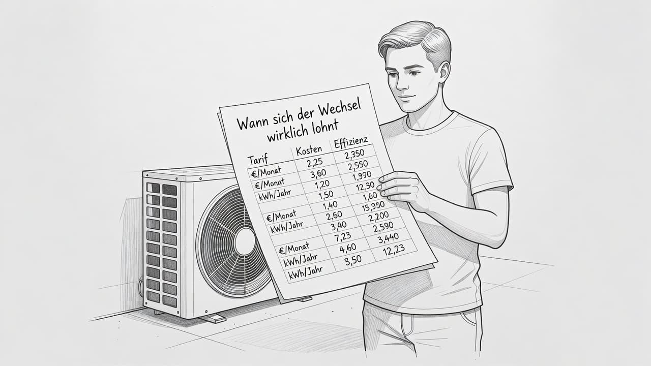 A person holds a paper document displaying a price comparison chart beside a large heat pump unit. The drawing uses clean graphite lines against a white background to illustrate cost savings.