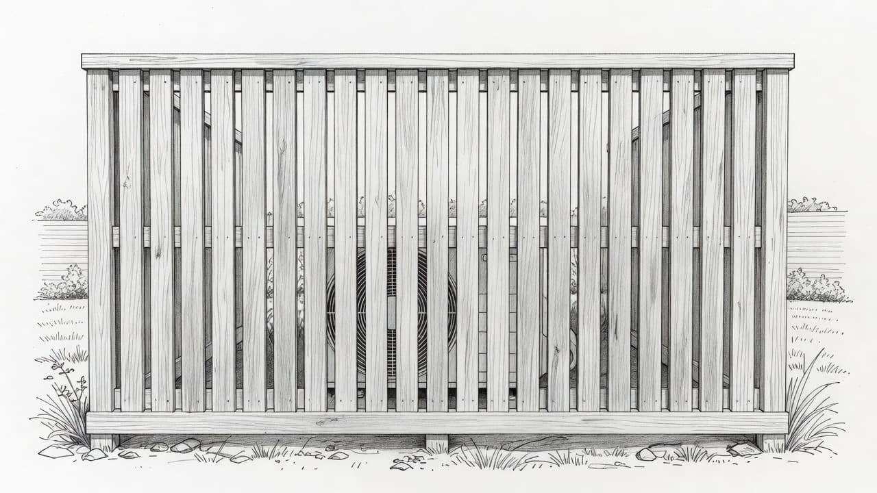 A graphite sketch on textured paper depicts a garden heat pump concealed by a slatted wooden wall. Fine pencil lines illustrate the textured wood planks and the outdoor machinery behind them.