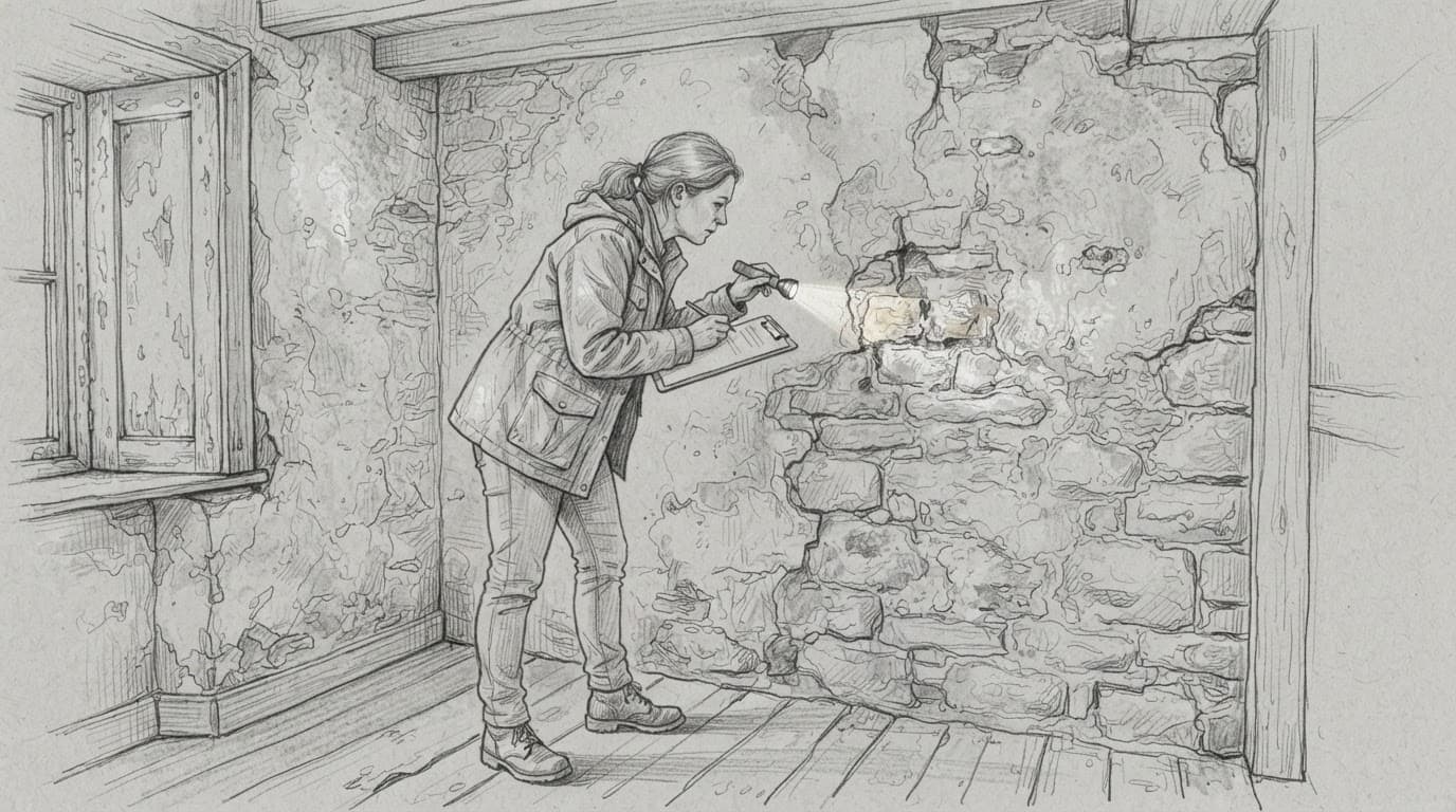 Eine Person prüft eine alte Wand mit Taschenlampe und Klemmbrett.