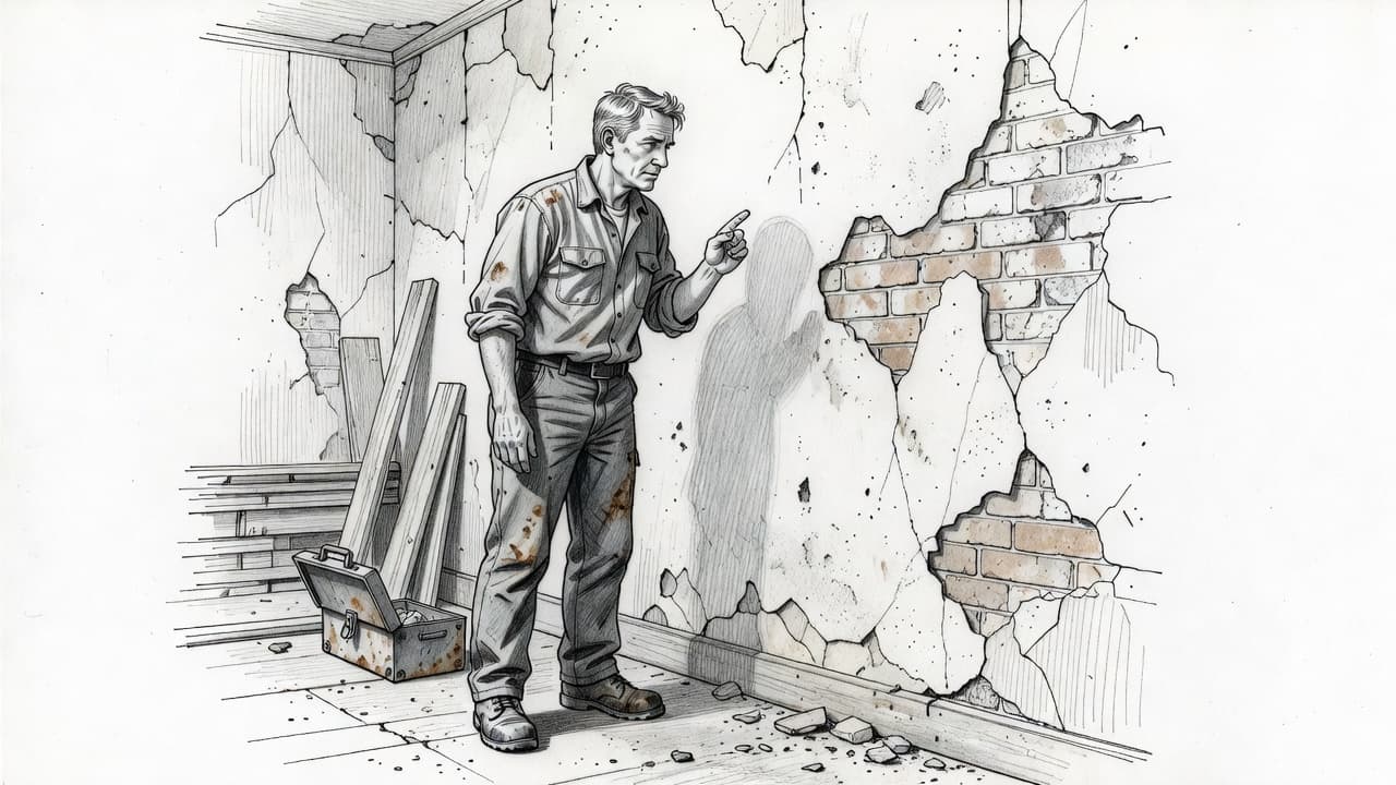 Eine Handzeichnung zeigt einen Handwerker, der eine alte Wand zur Asbestprüfung aufmerksam betrachtet.