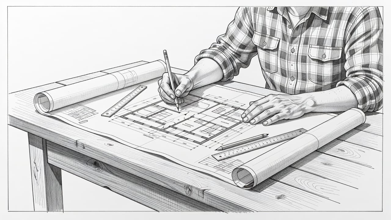 Skizze eines Holztisches mit Hausbauplänen, Lineal und Bleistift zur Renovierung.