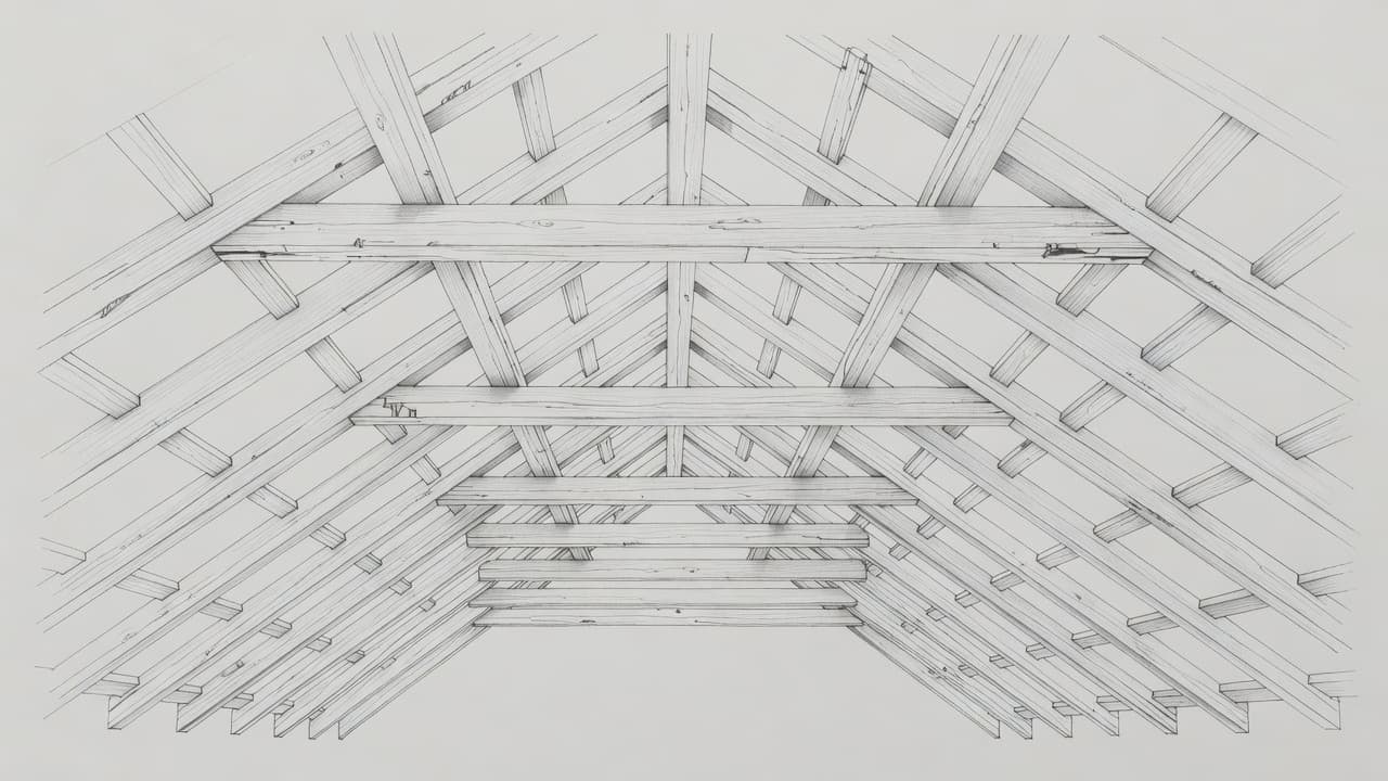 Handgezeichnete Skizze eines Dachstuhls mit freiliegenden Holzbalken auf hellem Papier.