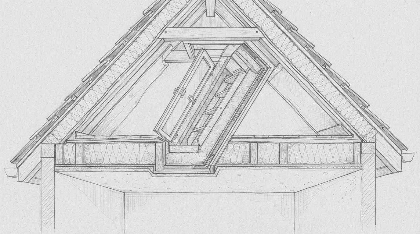 Handgezeichnete Skizze einer gedämmten Dachbodentreppe im architektonischen Schnitt.