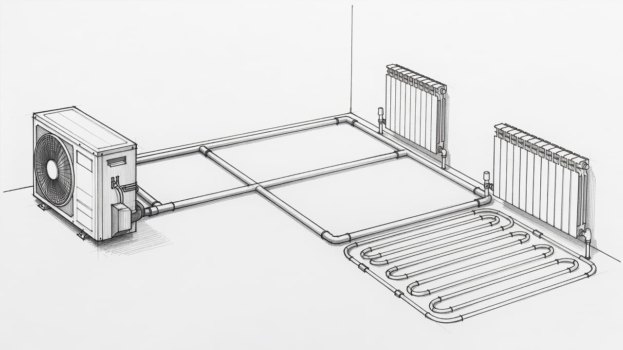 Diese Bleistiftzeichnung zeigt eine effiziente Wärmepumpe, die direkt mit den Heizflächen verbunden ist. Die klaren Graphitlinien visualisieren ein einfaches hydraulisches System ohne die Komplexität eines zusätzlichen Mischerkreises auf einem weißen Papierhintergrund.